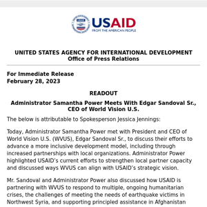 READOUT: Administrator Samantha Power Meets With Edgar Sandoval Sr., CEO of World Vision U.S.