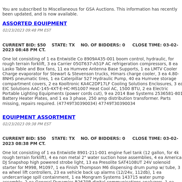 GSA Auctions Miscellaneous Update