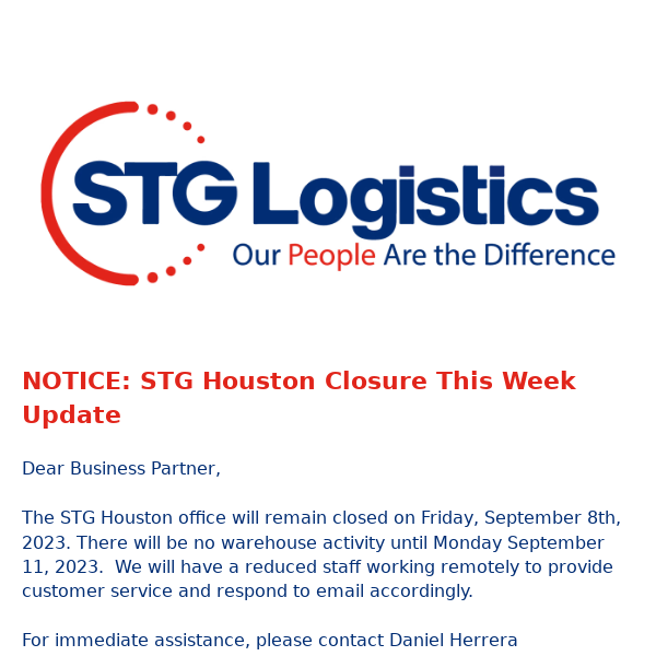 NOTICE: STG Houston Closure This Week Update