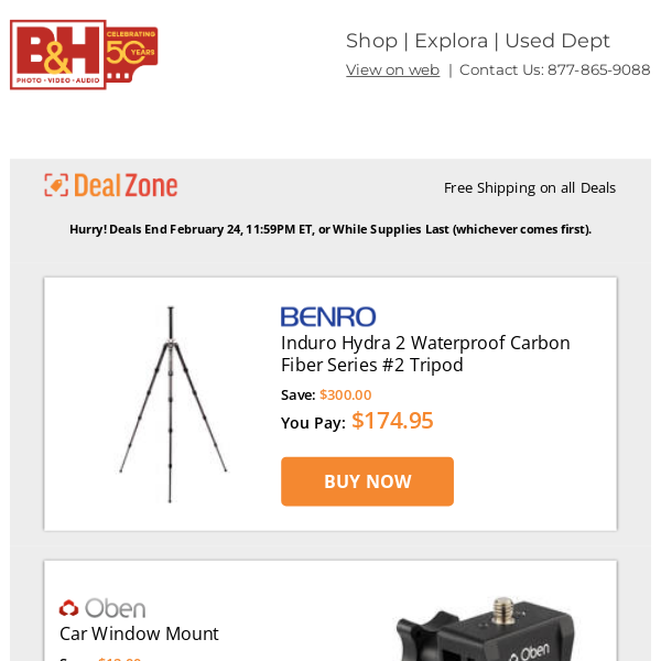 Today's Deals: Benro Induro Hydra 2 Waterproof CF Series 2 Tripod, Oben Car Window Mount, Case Logic Bryker Backpack Roller, JBL Xtreme 3 Portable Bluetooth Speaker & More