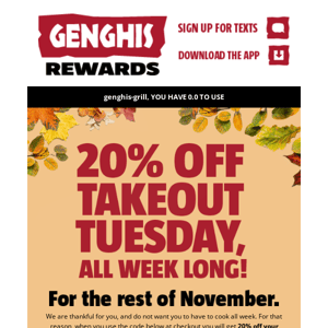 20% OFF Takeout or GG Delivery Ends Wednesday!⏰