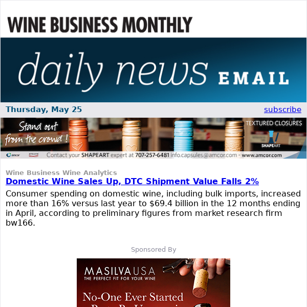 Domestic Wine Sales Up, DTC Shipment Value Falls 2%