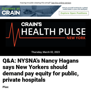 Health Pulse: Q&A: NYSNA's Nancy Hagans says New Yorkers should demand pay equity for public, private hospitals
