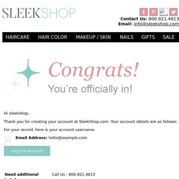 Thanks for Registering at SleekShop.com