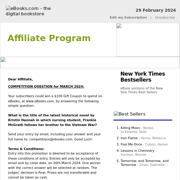 Affiliate Program : Your Subscribers Could Win an eBooks.com Gift Coupon...