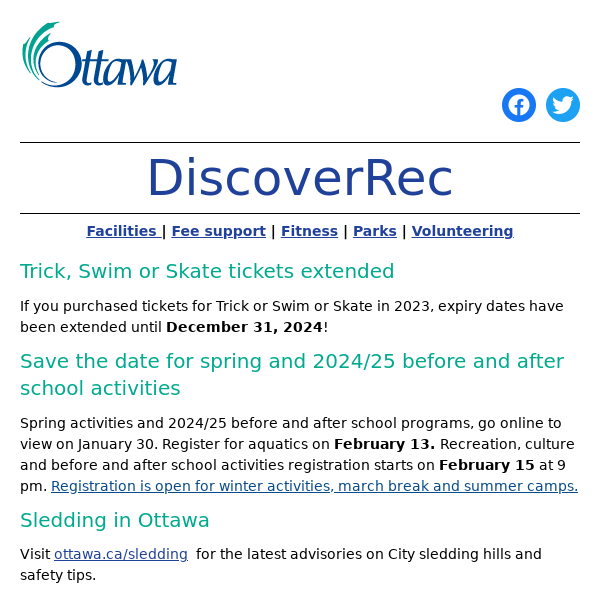 Good news! Trick or Swim or Skate tickets extended, plus save the date for spring activities