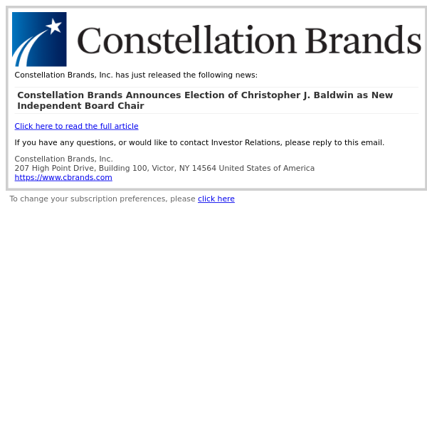 Constellation Brands Announces Election of Christopher J. Baldwin as New Independent Board Chair