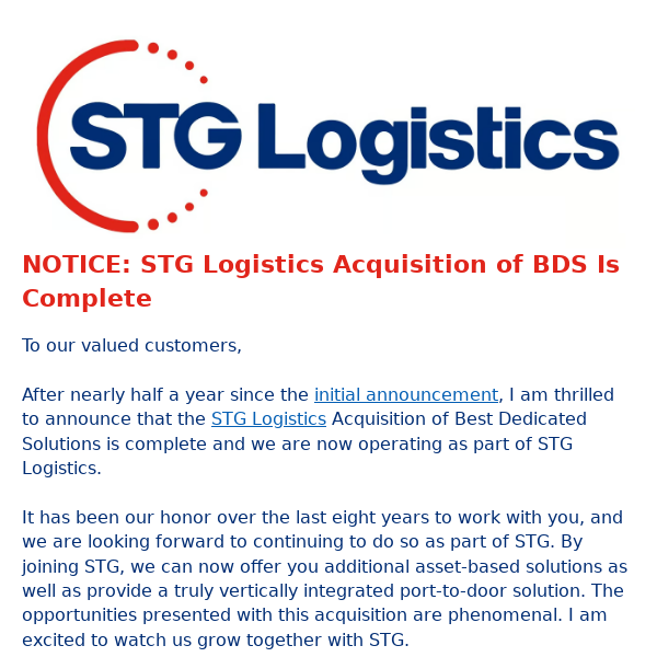 NOTICE: STG Logistics Acquisition of BDS Is Complete