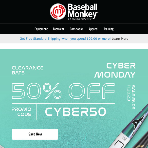 Cyber Monday:  50% Off Clearance Bats at BaseballMonkey!
