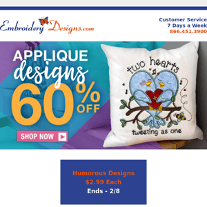 Applique Designs 60% Off + Birds Designs 40% Off