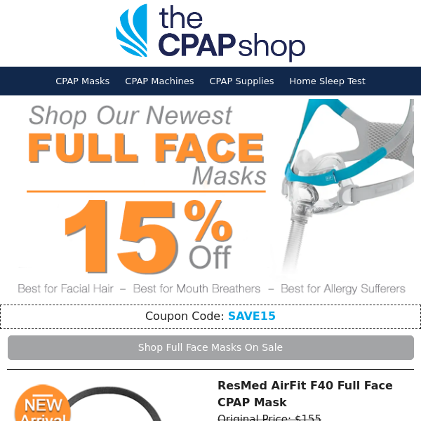 15% off ResMed AirFit F40 (New!) + ALL Full Face Masks—Coupon Inside