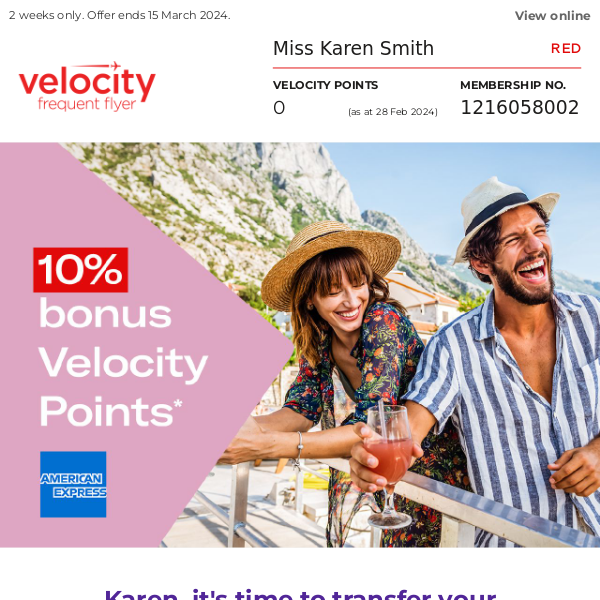 Virgin Australia, 10% bonus Velocity Points with American Express*