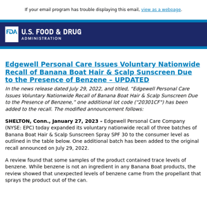 Edgewell Personal Care Issues Voluntary Nationwide Recall of Banana Boat Hair & Scalp Sunscreen Due to the Presence of Benzene – UPDATED