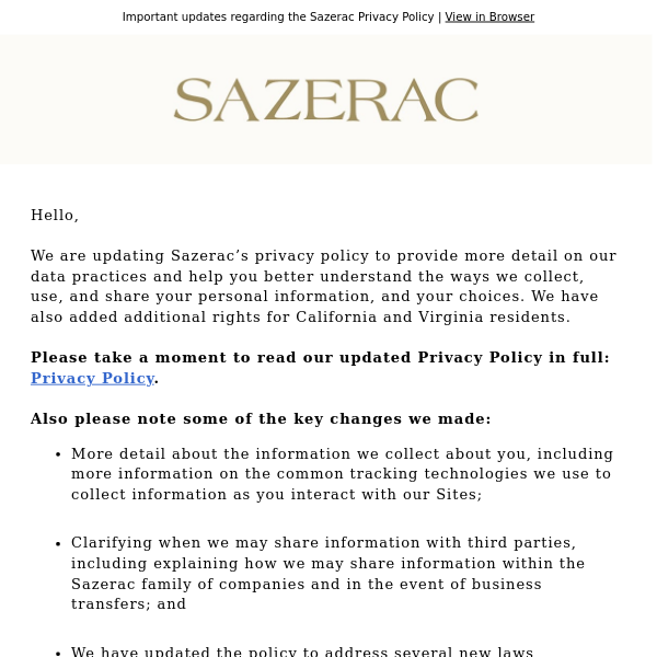 Updates to Sazerac Privacy Policy