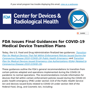 FDA issues Final Guidances to Assist with Transition Plans for COVID-19-Related Medical Devices