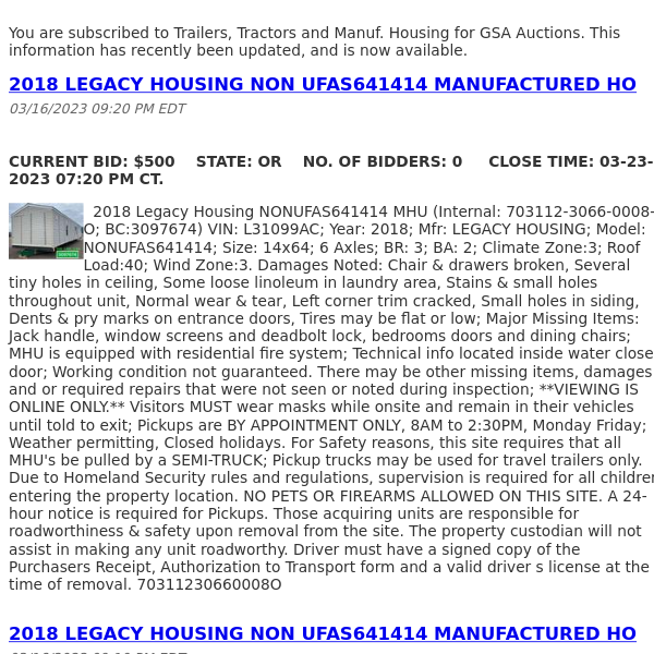 GSA Auctions Trailers, Tractors and Manuf. Housing Update