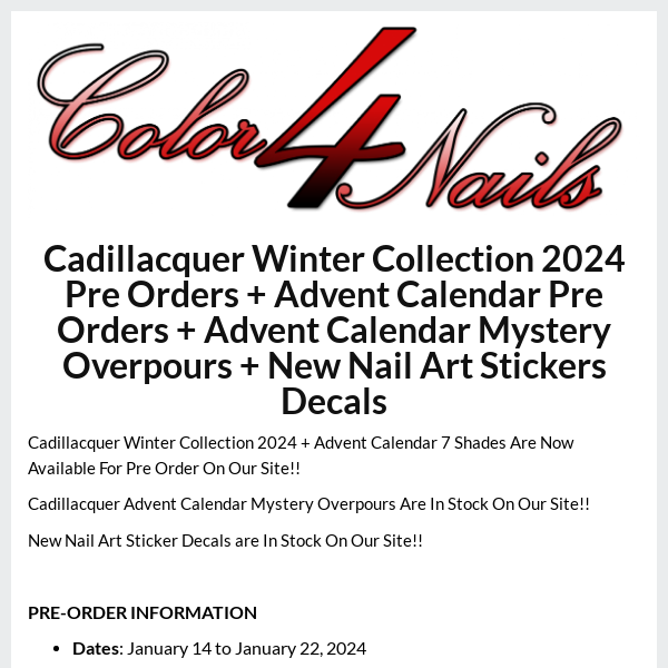 Cadillacquer Winter Collection 2024 Pre Orders + Advent Calendar Pre Orders + Advent Calendar 2023 Mystery Overpours + New Nail Art Stickers Decals