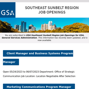 New/Current Job Opportunities in the GSA Southeast Sunbelt Region