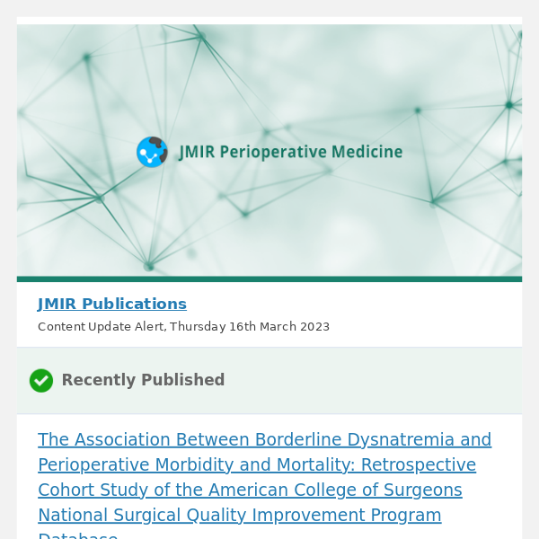 [JPeriOp] The Association Between Borderline Dysnatremia and Perioperative Morbidity and Mortality: Retrospective Cohort Study of the American College