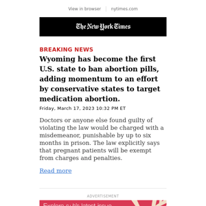 Breaking News: Wyoming becomes first U.S. state to outlaw abortion pills