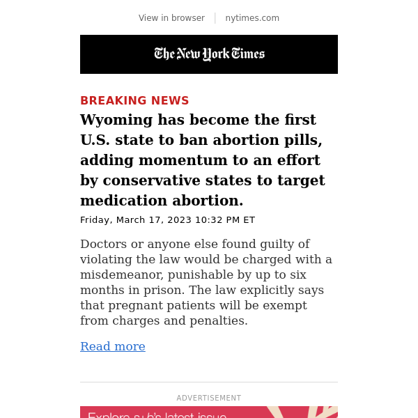 Breaking News: Wyoming becomes first U.S. state to outlaw abortion pills