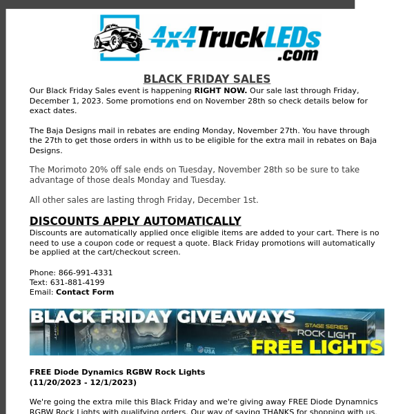 Baja Designs $$ Back Rebate & Morimoto Discounts End Soon | Black Friday Sales at 4x4TruckLEDs.com