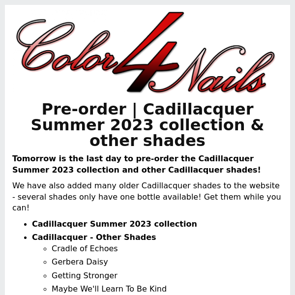 Pre-orders for the Cadillacquer Summer collection & other shades are ending tomorrow!