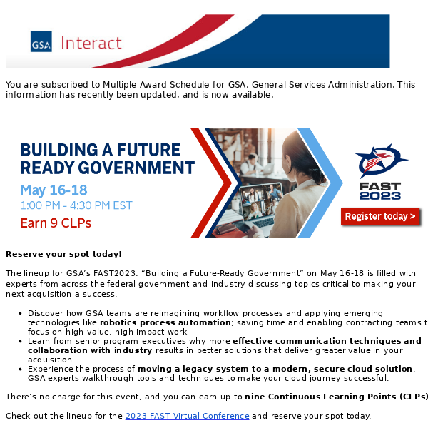 GSA Interact Update: Multiple Award Schedule - 2023 FAST Virtual Conference “Building a Future Ready Government” - Sign Up!