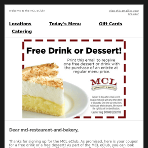 Your MCL Restaurant & Bakery coupon has arrived!