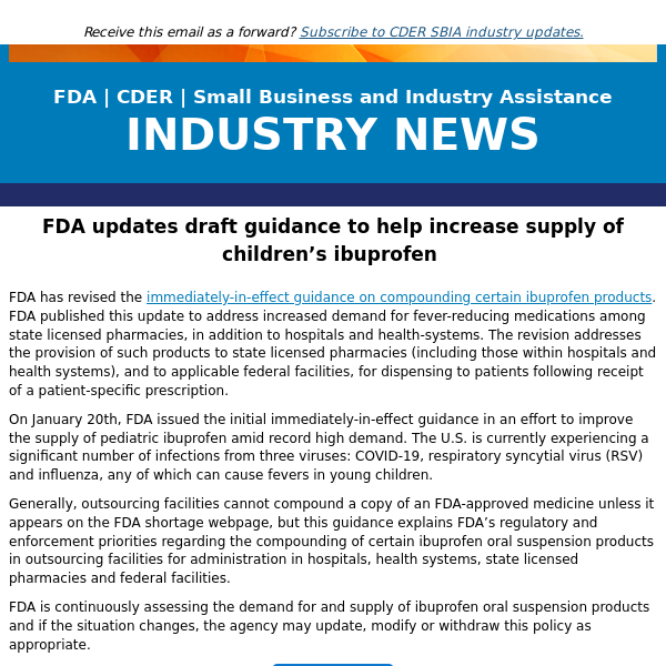 FDA updates draft guidance to help increase supply of children’s ibuprofen