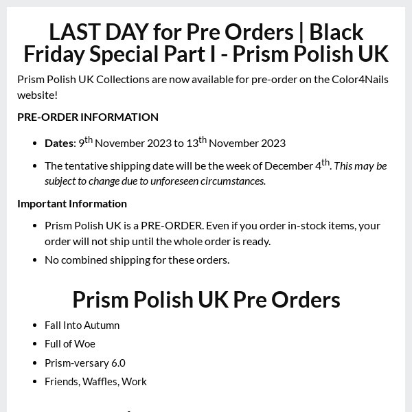 LAST DAY Black Friday Special Part I - Prism Polish UK Pre Orders 11/9 - 11/13 (Major Savings)