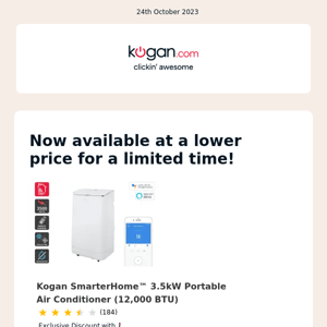PRICE DROP: Kogan SmarterHome™ 3.5kW Portable Air Conditioner (12,000 BTU)