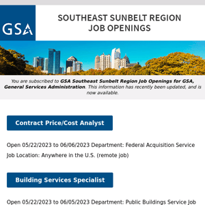 New/Current Job Opportunities in the GSA Southeast Sunbelt Region