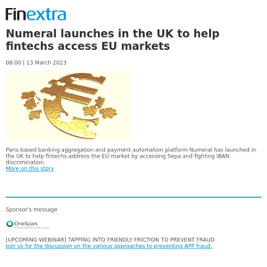 Finextra News Flash: Numeral launches in the UK to help fintechs access EU markets