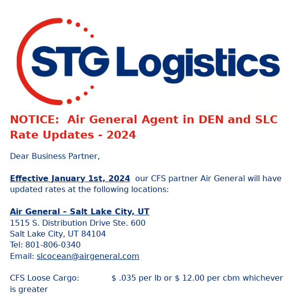 NOTICE:  Air General Agent in DEN and SLC Rate Updates - 2024