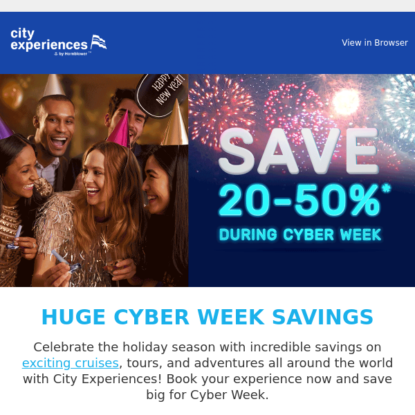 ⏳ Save up to 50% for Cyber Week on City Cruises, Walks, & Devour Tours 🗺