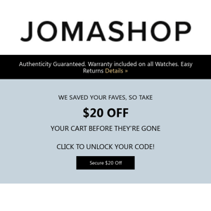 $20 Off Your Cart - We Saved It For You