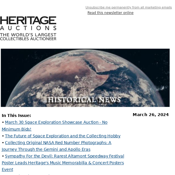 Historical News: March 30 Space Exploration Showcase Auction - No Minimum Bids