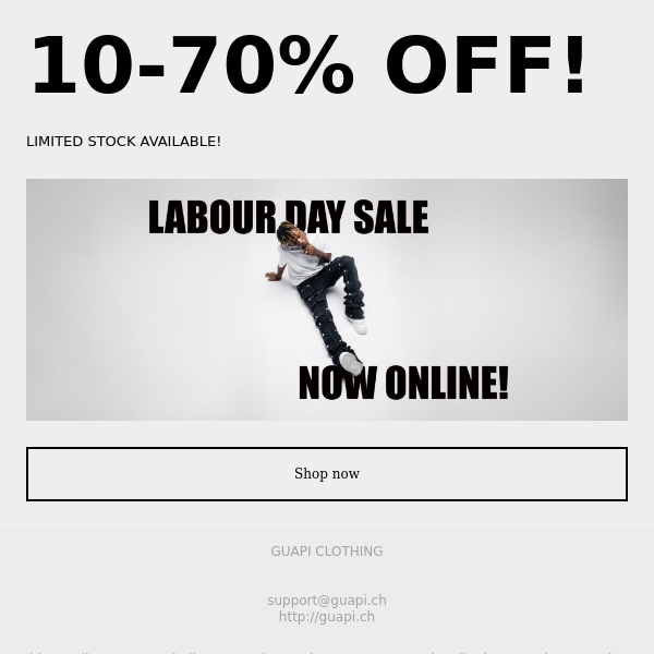 24 hours left!  Don't miss the labour day sale!  Get up to 70% off.