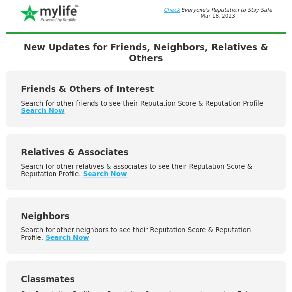 MyLife.com, new info found on your friends, relatives, neighbors & associates