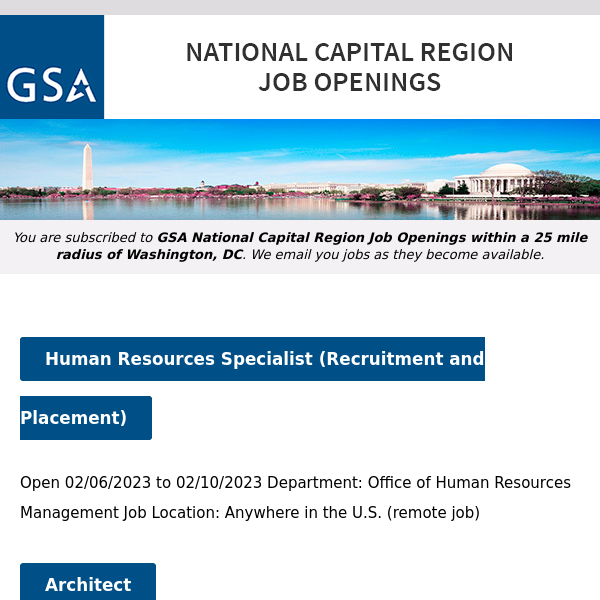 New/Current Job Opportunities in the GSA National Capital Region