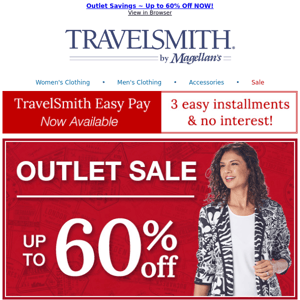 Outlet ~ Save up to 60% ~ Travel Clothing, Gear & More!