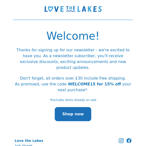 Welcome to Love the Lakes! Here's your 15% off discount code