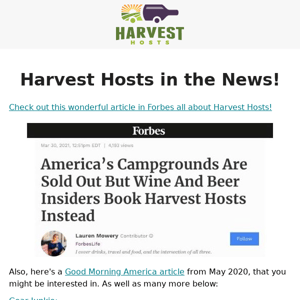 Harvest Hosts Featured in Forbes Article!