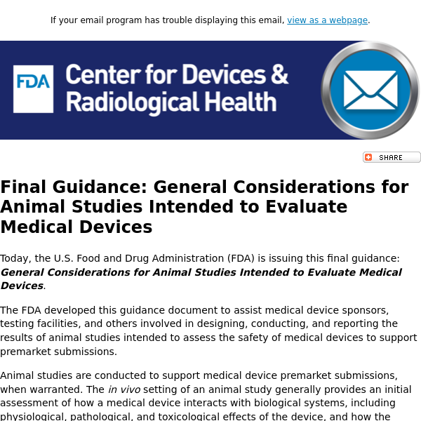 Final Guidance: Animal Studies Intended to Evaluate Medical Devices