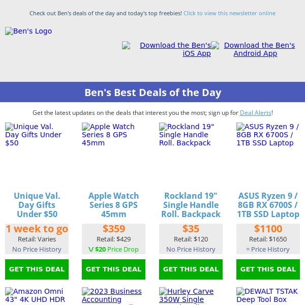 Ben's Best Deals: $30 DeWalt Tool Box - Unique Valentine's Day Gifts - $375 Hurley 350W eBike - $3 Coleman Candle (25hr)