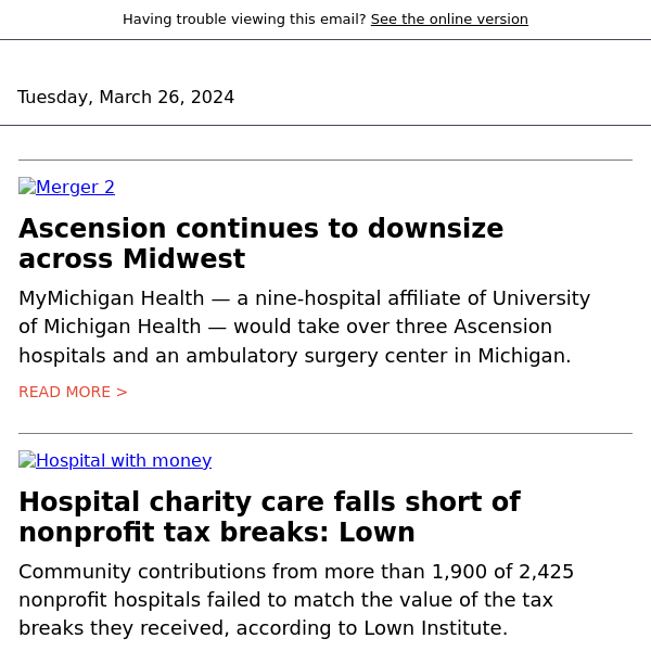 Ascension sells 3 hospitals to MyMichigan Health