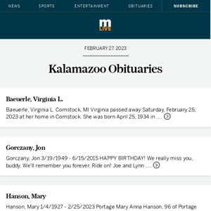 Today's Kalamazoo obituaries for February 27, 2023