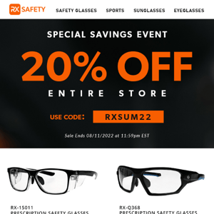 20% OFF RX Safety Glasses & More