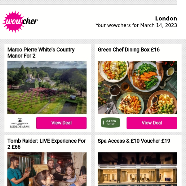 Marco Pierre White's Country Manor For 2 | Green Chef Dining Box £16 | Tomb Raider: LIVE Experience For 2 £66 | Spa Access & £10 Voucher £19 | Afternoon Tea for One £23.50
